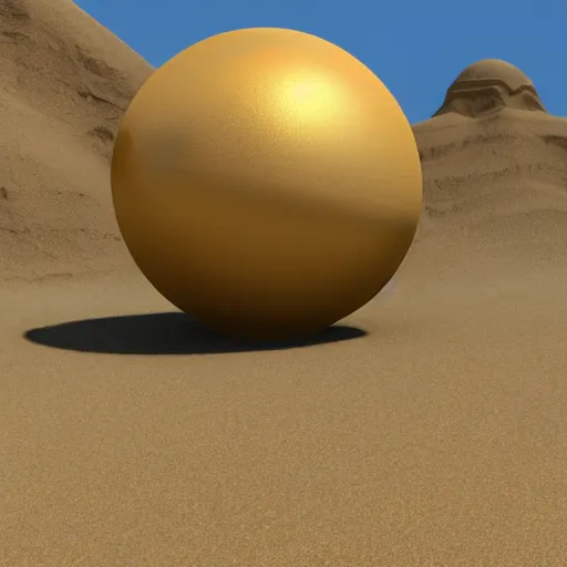 Image similar to in the center of a large sandy quarry in the sand lies a large golden ball, a broken excavator is standing nearby, an anomalous air funnel is nearby, 3 d render, high quality, depth of sharpness, focus on the object