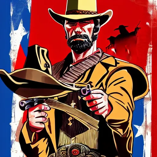 Prompt: a cowboy in the style of red dead redemption, lucky luke, the good, the bad and the ugly, clint eastwood, steven seagal, donald trump, glory days, patriotism