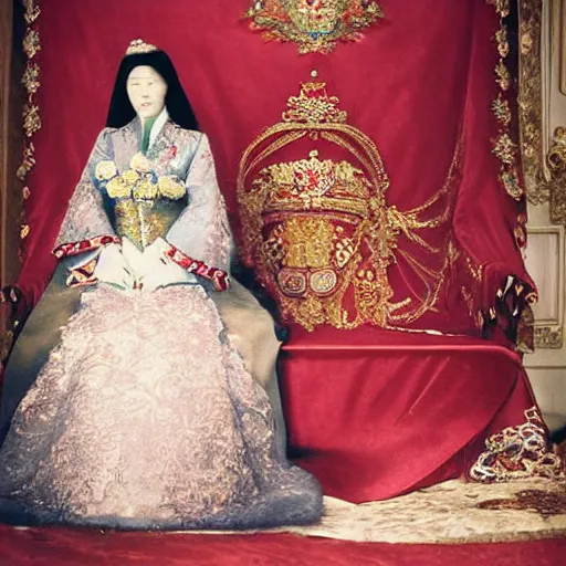Prompt: A wide full shot, colored Russian and Japanese mix historical fantasy of a photograph portrait taken of the empress wearing her royal wedding attire, photographic portrait, warm lighting, 1907 photo from the official wedding photographer for the royal wedding.
