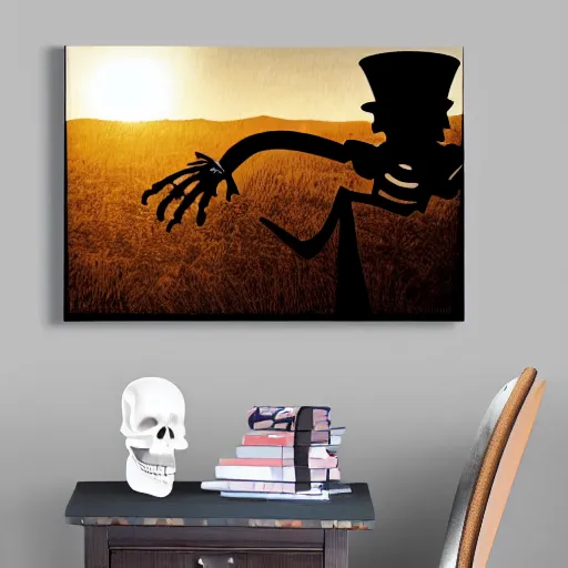 Image similar to artwork of skeleton wearing a suit and top hat at sunset by Dan Mumford. cinematic, hyper realism, high detail