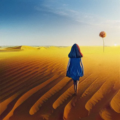 Image similar to portrait, giant dahlia flower head, girl walking between dunes, surreal photography, sunrise, blue sky, dramatic light, impressionist painting, digital painting, artstation, simon stalenhag