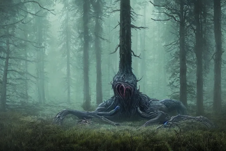 Image similar to creepy eldritch monster in a swedish forest, very low angle photograph, very detailed, trending on artstation, realistic, soft colors, simon stalenhag, lovecraft, horror