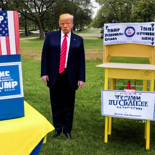 Image similar to donald trump standing behind a lemonade stand, handing out free nuclear codes on the national mall.