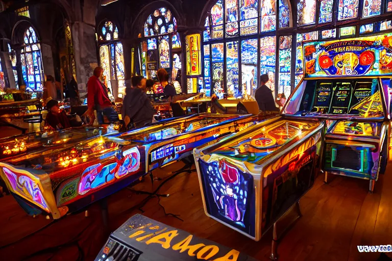 Image similar to the hagia sophia sanctuary converted into a retro videogame arcade with pinball tables, game cabinets, pachinko contraptions, crowd of people playing at them