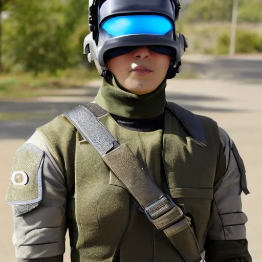 Image similar to a futuristic soldier captain with a metal visor and a blue shoulderpad