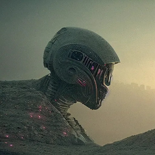 Prompt: scene from bladerunner 2 0 4 9 movie, hr giger artlilery spaceship lands in an alien landscape, filigree ornaments, volumetric lights, simon stalenhag, beksinski