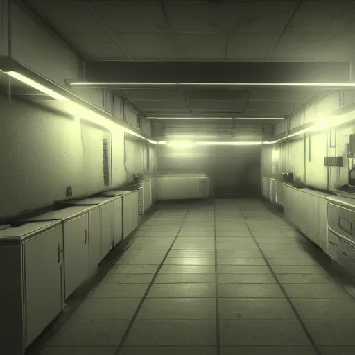 Prompt: lonely spaces of underground lab, sterile, clean, cinematic, liminal space, unreal engine, in-game screenshot
