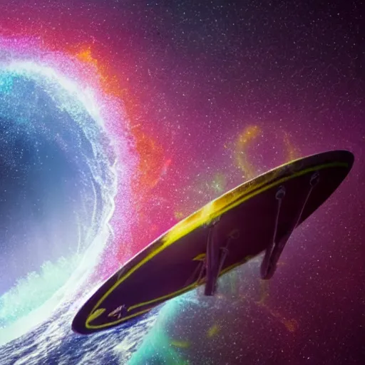 Image similar to photo of a alien surfing a surfboard on a crashing l wave of alien ocean in space, background is an alien galaxy, aliens in the background, alien colors, octane render, unreal engine, wide view, 8 k, high detaild