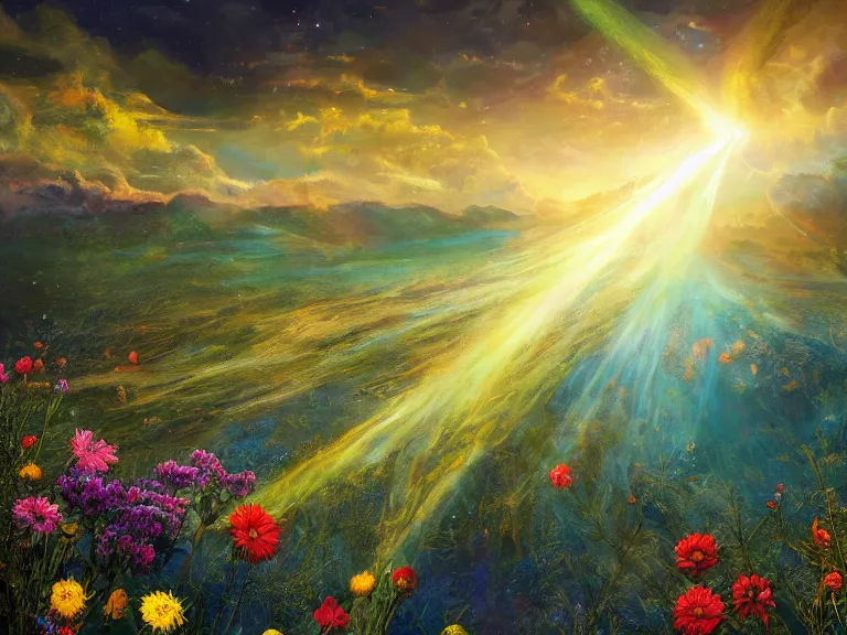 Image similar to a fine fantastic realist comic book style painting of a glorious place where the heavens open to the great cosmos, where flowers are launched into the unknown 8 k, ultra realistic, lens flare, atmosphere, glow, detailed, intricate, full of colour, cinematic lighting, trending on artstation, 4 k, hyperrealistic, focused, extreme details, unreal engine 5, cinematic, masterpiece