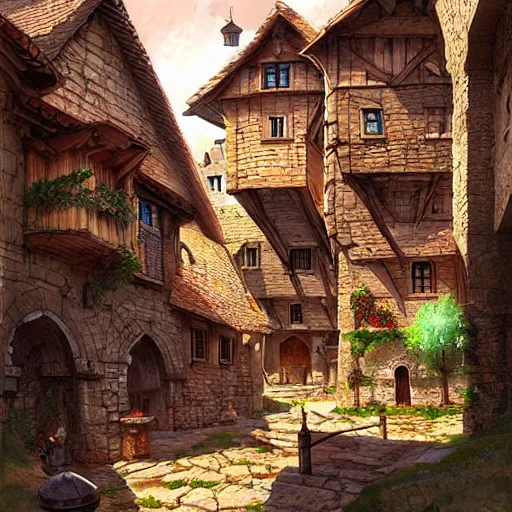 Image similar to a beautiful medieval village by Marc Simonetti