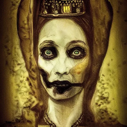 Image similar to in the tomb of empress sissi, vienna, austria, beautiful woman, zombie, pen and ink, 8 k, hyperrealistic, hyperdetailled, beautiful face, dark fantasy