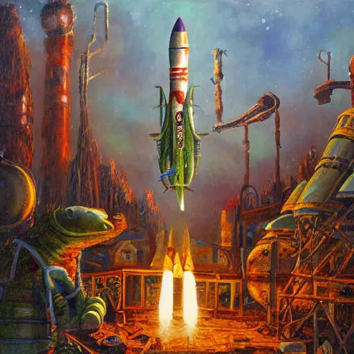 Image similar to rocket launch, on ancient post - apocalyptic planet, jim henson creature shop, vivid and colorful, thomas kincaid, cinematic, oil painting, highly detailed, illustration