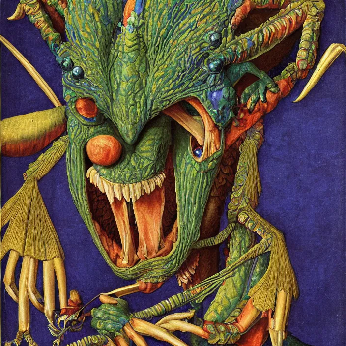 Image similar to close up portrait of a mutant monster creature with colorful exotic indigo iris eyes, crystal teeth, mantis composure. gold, vermillon. by jan van eyck, walton ford