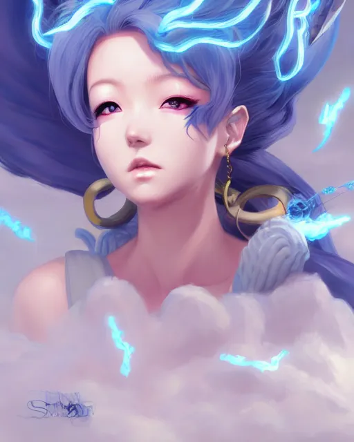 Image similar to character concept art of ssunbiki as an anime thunderstormy cloud goddess of lightning | | cute - fine - face, pretty face, realistic shaded perfect face, fine details by stanley artgerm lau, wlop, rossdraws, james jean, andrei riabovitchev, marc simonetti, and sakimichan, tranding on artstation