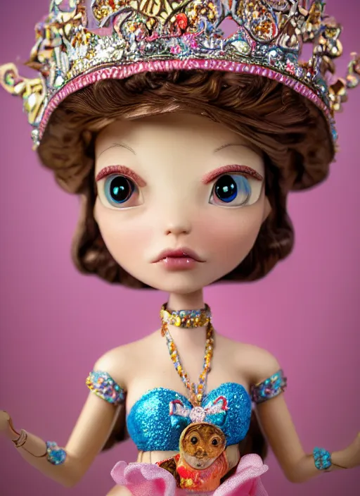 Image similar to closeup profile portrait of tin toy fairytale princess wearing a crown, bikini, depth of field, zeiss lens, detailed, symmetrical, centered, fashion photoshoot, by nicoletta ceccoli, mark ryden, lostfish, breathtaking, 8 k resolution, extremely detailed, beautiful, establishing shot, artistic, hyperrealistic, octane render
