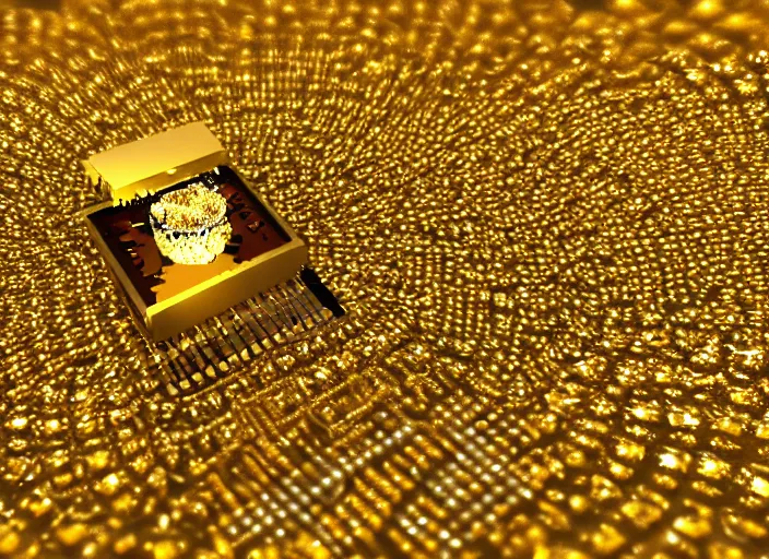 Image similar to magic golden computer chip with a crystal on the center, made by an artificer, product photo, octane render, unreal engine 5, 4 k, 8 k