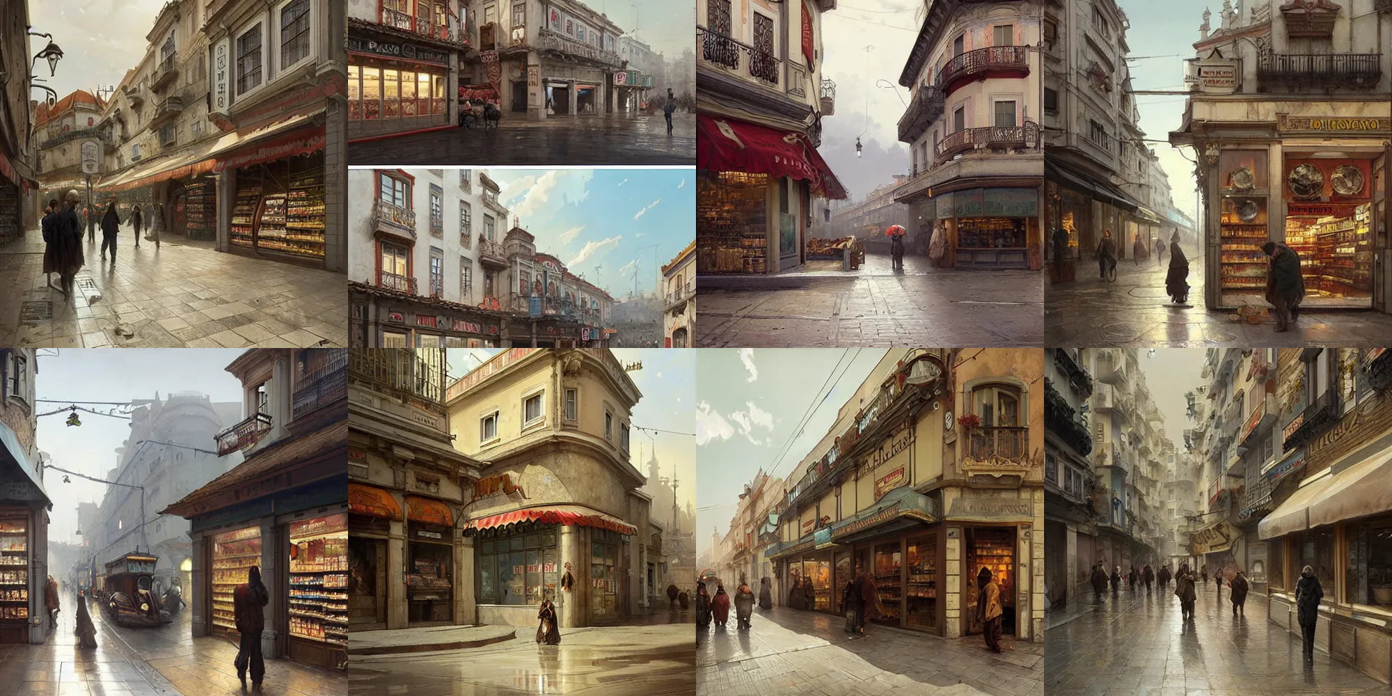 Prompt: a convenience store of 2022 portugal lisbon on the street of a very highly detailed logital matte painting art by Greg Rutkowski, highly logical and striking detailed architecture by alphonse mucha