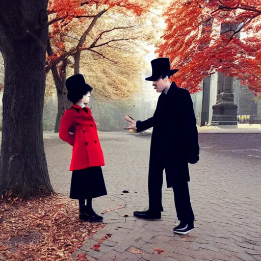 Image similar to a thin man in a black coat and bowler hat talks with small young girl who is dressed in a red coat and a red hat, park, autumn, wide angle, high detail, By Makoto Shinkai, Stanley Artgerm Lau, WLOP, Rossdraws, James Jean, Andrei Riabovitchev, Marc Simonetti, krenz cushart, Sakimichan, D&D trending on ArtStation, digital art, width 768