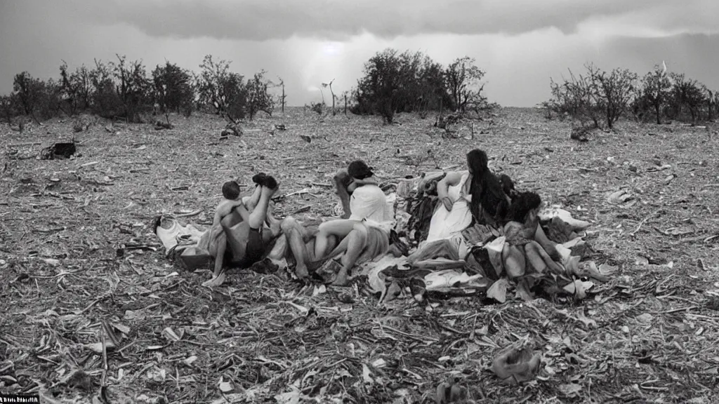 Prompt: a vision of climate change catastrophe, dark storm clouds, lightning striking, hail, hurricane winds, floods, as seen by a couple having picnic with dying nature around them, moody, dark and eerie large-format photography