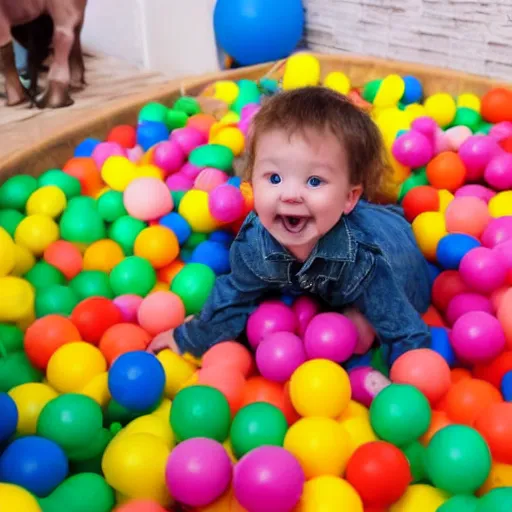 Image similar to infant riding on the back of a pig in a ball pit