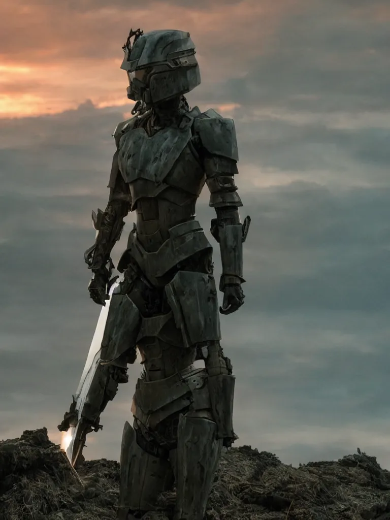 Image similar to emily blunt in futuristic power armor, alone, standing atop a hill, raising her sword, edge of tomorrow movie, angel of verdun, sunset