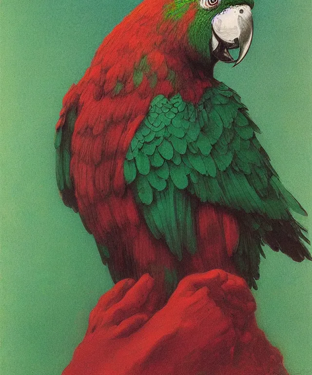 Image similar to beautiful emerald green parrot with red aura and eyes, by zdzisław beksinski, by gustave dore