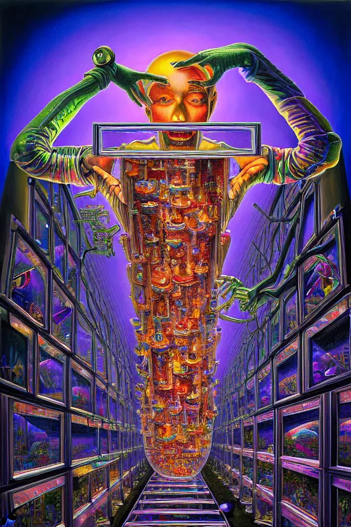 Prompt: a photorealistic painting of the transparent glass isometric nightmare machine extracting imagination of a human man by johfra bosschart, lisa frank, dark fantasy art, high detail, trending on artstation