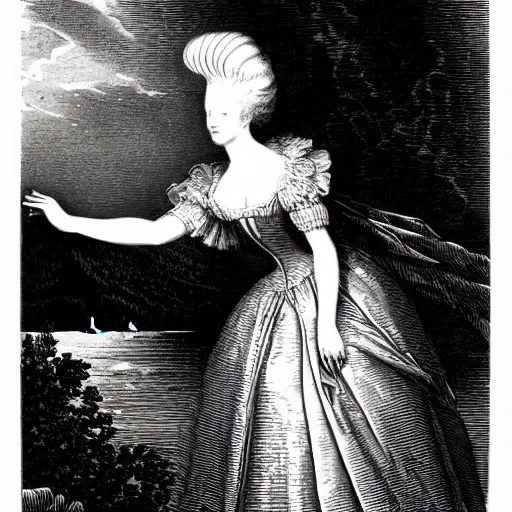 Image similar to A beautiful 19th century wood-engraving of Marie Antoinette levitating over the sea, by Édouard Riou Jules Férat and Henri de Montaut, highly detailed, fine Art, high detail, masterpiece, illustration, clear eyes, trending on artstation