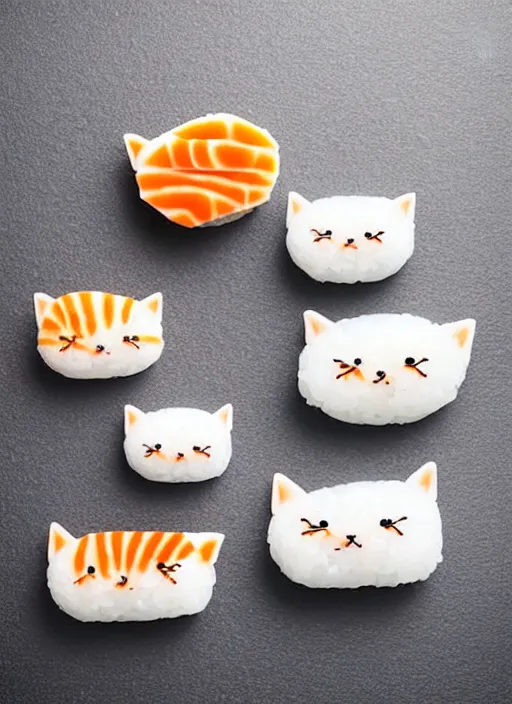 Prompt: clear photorealistic picture of adorable simplified cats made from sushi rice, sitting on sushi plates with garnish