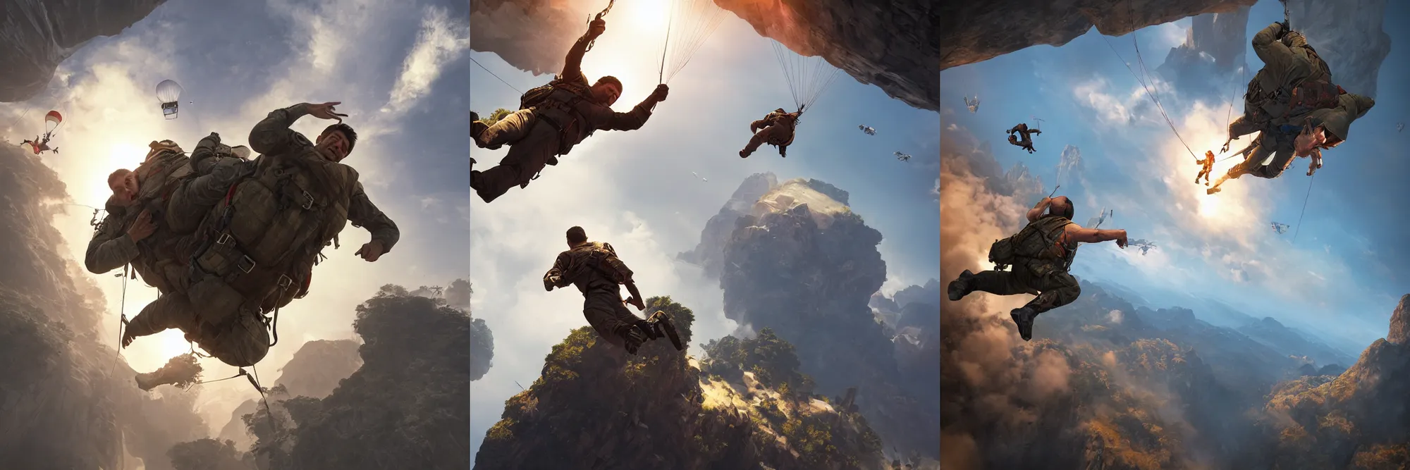 Prompt: upward view of parachuting soldier in descent, dramatic lighting, highly detailed, artstation, unreal engine, matte painting in the style of craig mullins, Uncharted 4