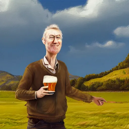 Prompt: a Scottish man holding a pint of beer in the middle of an empty field, In the back ground of the frame is a beautiful landscape., physically accurate, dynamic lighting, intricate, elegant, highly detailed, digital painting in the style of very very artist illustrator ralph steadman, sharp focus, illustration