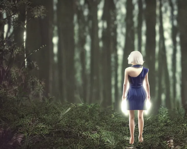 Image similar to a female angel : : one white wing, the other a dark midnight blue with tiny stars inside it : : with blonde hair just past her shoulders, standing in a forest with her back to camera : : octane render : : 8 k