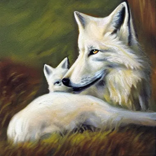 Image similar to A White Wolf kissing a Fox, oil painting