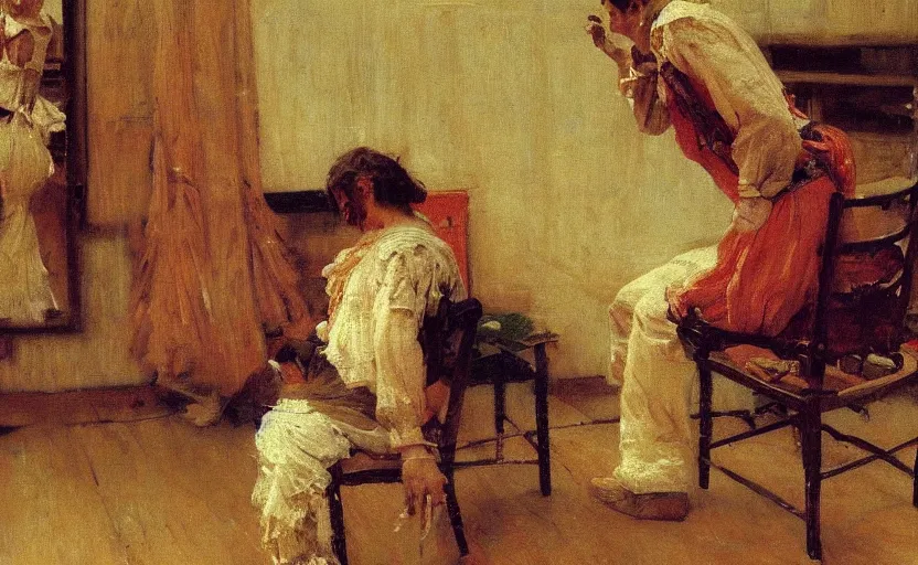 Image similar to high quality high detail painting by ilya repin, a cinematic shot of someone tied to the chair, hd