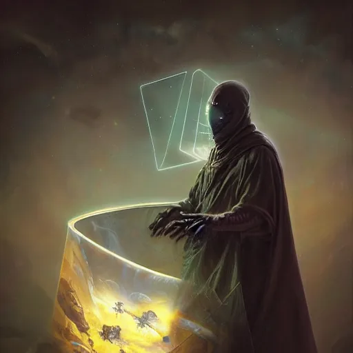 Prompt: masked nomad wearing a cloak on an alien world and holding a holographic planet projection in his hand, detailed, sci - fi, digital painting, artstation, sharp focus, illustration, ominous, artgerm, tomasz alen kopera, peter mohrbacher, donato giancola, joseph christian leyendecker, wlop, frank frazetta