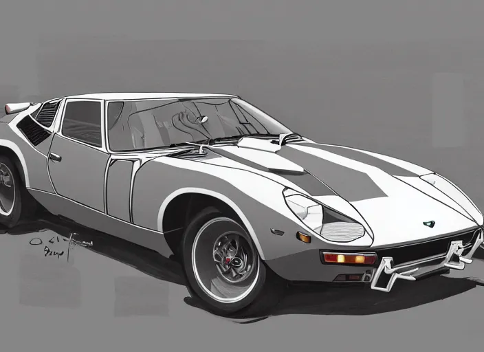 Image similar to a blending, amalgamation and detailed combination of a lamborghini countach, datsun 2 6 0 z and a jaguar e - type, concept art, round headlights, long engine bay, 8 k, highly detailed, trending on art station