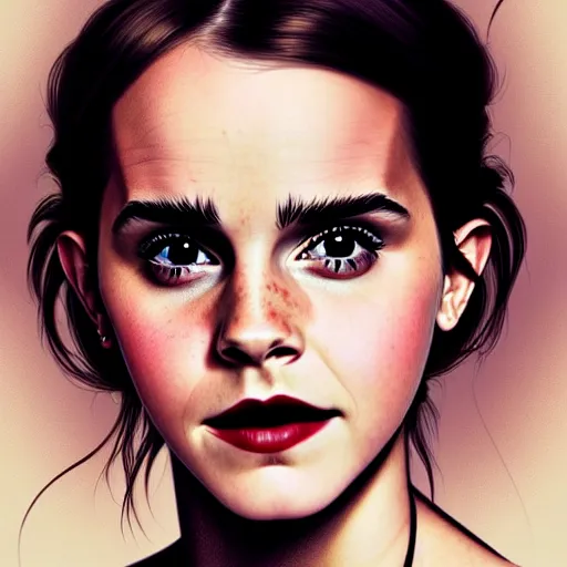 Prompt: A beautiful portrait of Very funny actress Emma Watson lke monkey face looking like an old monkey, Emma Watson actress blended monkey face, like , powerful , magic, thunders, dramatic lighting, intricate, wild, highly detailed, digital painting, artstation, concept art, smooth, sharp focus, illustration, art by artgerm and greg rutkowski and alphonse mucha, footage