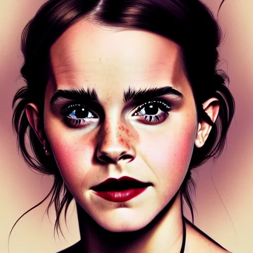 Image similar to A beautiful portrait of Very funny actress Emma Watson lke monkey face looking like an old monkey, Emma Watson actress blended monkey face, like , powerful , magic, thunders, dramatic lighting, intricate, wild, highly detailed, digital painting, artstation, concept art, smooth, sharp focus, illustration, art by artgerm and greg rutkowski and alphonse mucha, footage