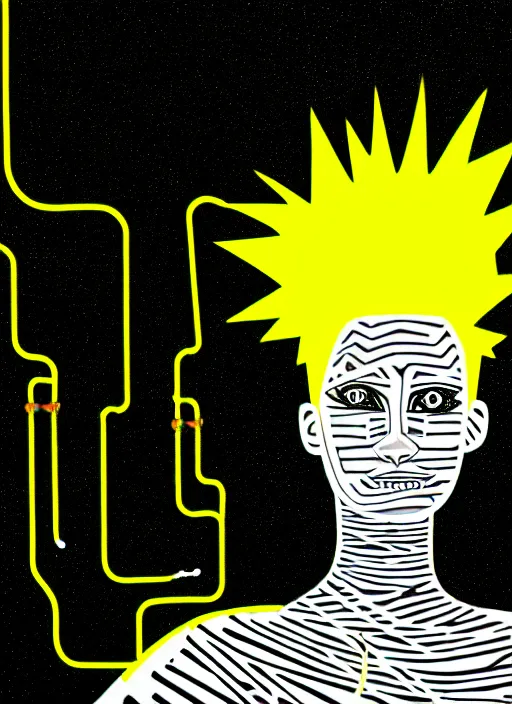 Image similar to highly detailed closeup portrait of wasteland wavy glowing yellow and white plasma hair cute happy tribal lady, stray electric spark wiring by jean jullien, 4 k resolution, gradient yellow, black and white color scheme!!! ( ( dystopian city background ) )