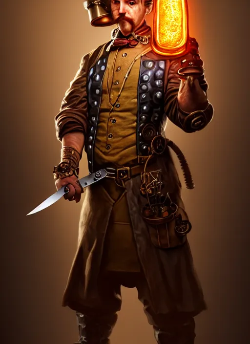 Image similar to detailed portrait of a steampunk chef character posing battle stance holding a giant glowing runeforged kitchen knife, diffuse lighting, scifi fantasy, intricate, highly detailed, lifelike, photorealistic, digital painting, artstation, illustration, concept art, smooth, sharp focus, art by john collier and albert aublet and krenz cushart