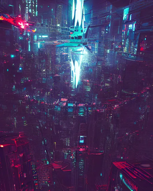 Image similar to cyberpunk drone above a city, scifi, futuristic, neon light, highly detailed, concept art, sharp focus, trending on artstation, intricate, atmosphere, raining, art by roman makarenko, dzung phung dinh