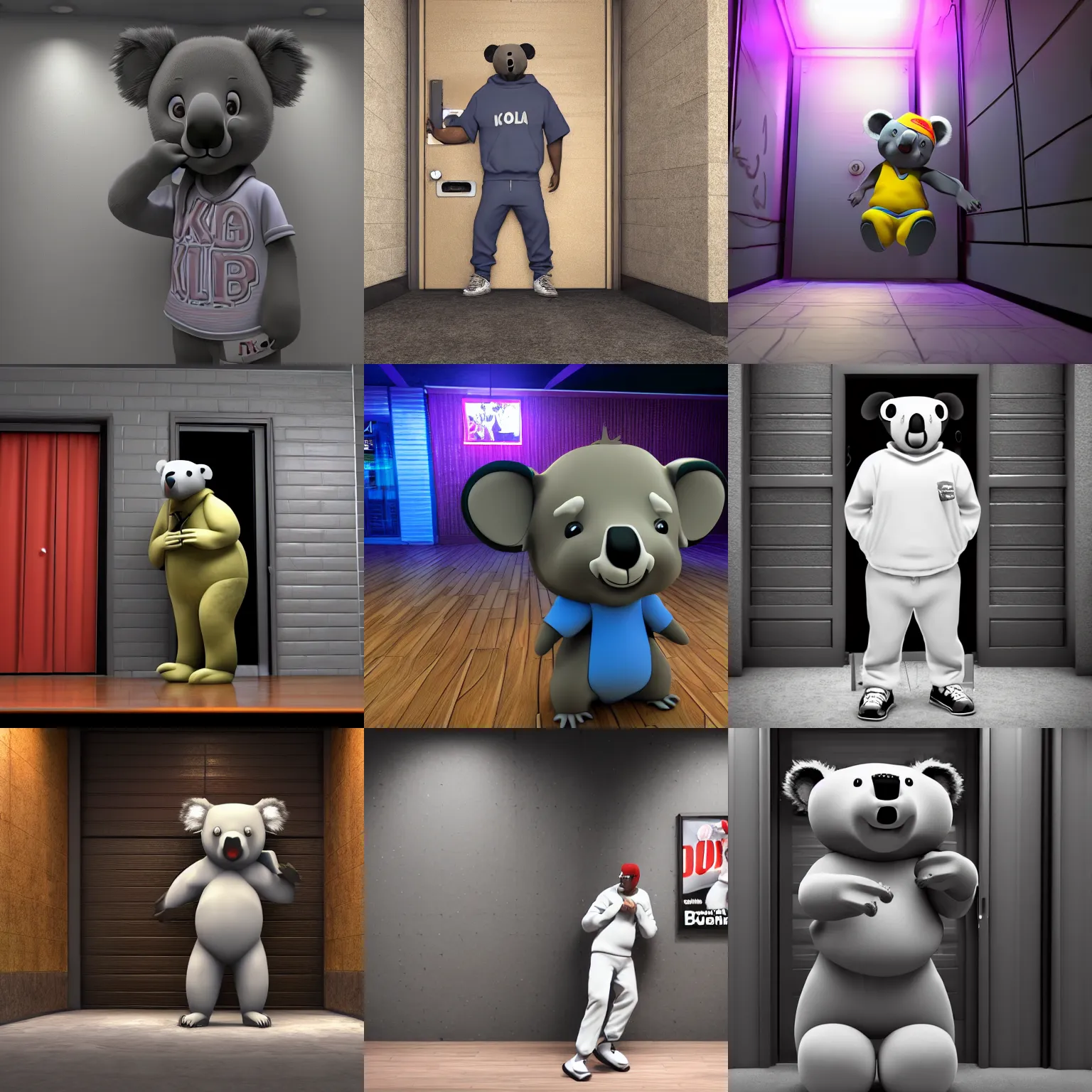 Prompt: 3 d cgi rendering of hiphop cartoon koala bouncer standing outside nightclub door at midnight, high resolution, depth of field