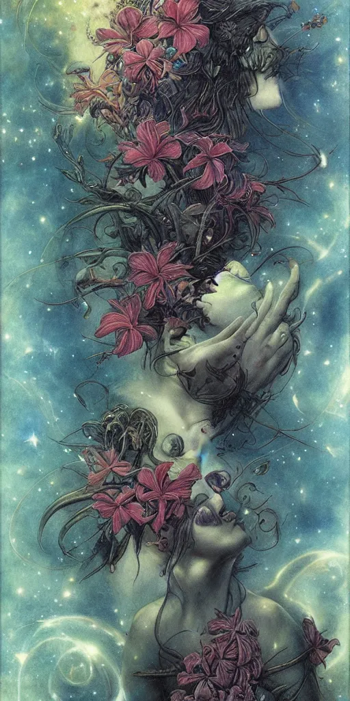 Image similar to tropical flowers, night sky background, nebula, beautiful! coherent! by brom, by brian froud, deep color, strong line, high contrast