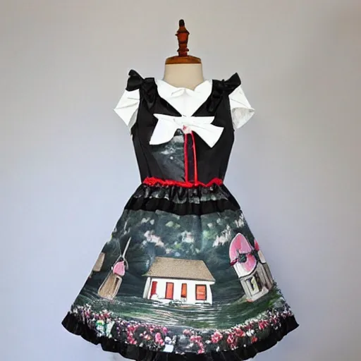 Image similar to A lolita dress with pictures of windmills on it. A beautiful lolita dress, Angelic Pretty