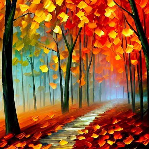 Image similar to beautiful leonid afremov painting of a foggy forest path on a lovely autumn day. trending on artstation 8k hq