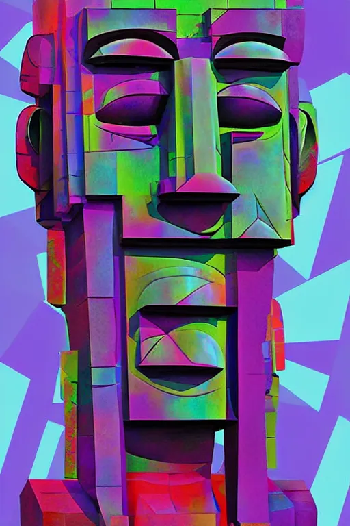 Image similar to cubist moai statue cutout digital illustration cartoon colorful beeple