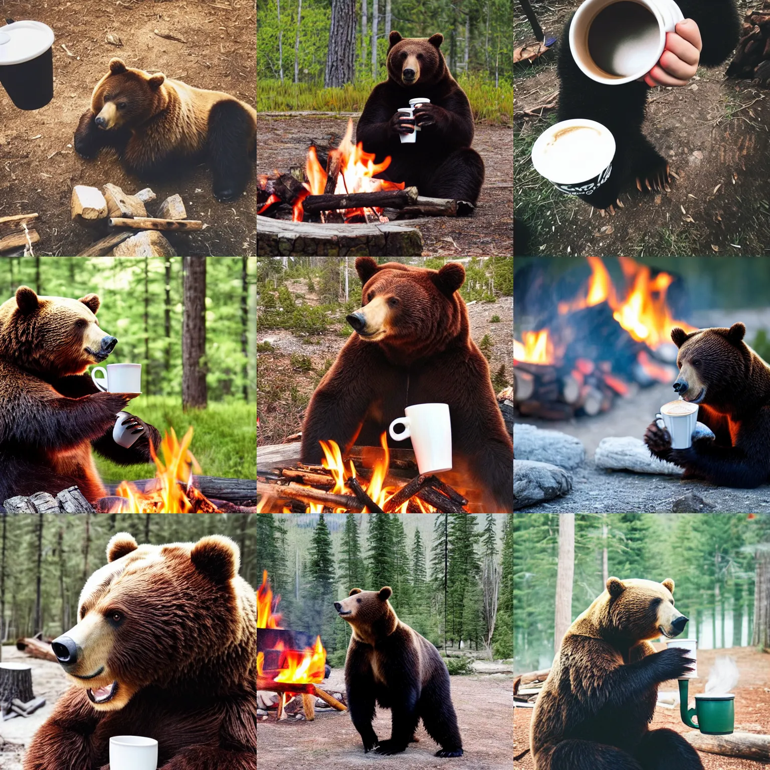 Prompt: a candid photo of a bear holding a cup, drinking a coffee, by the campfire