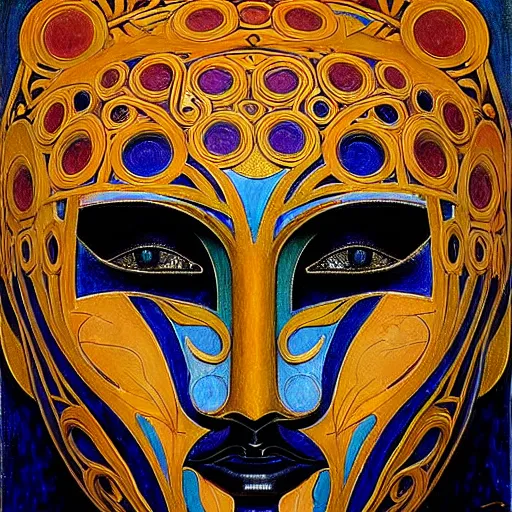 Image similar to masterpiece painting of a facemask made of stylized flowers, by annie swynnerton and jean delville and tino rodriguez and john watkiss, flower mask, art deco shaman, art brut, symbolist, dramatic lighting, god rays, elaborate geometric ornament, clean crisp graphics, soft cool colors, smooth, sharp focus, extremely detailed
