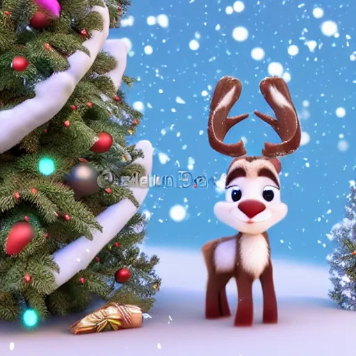 Image similar to cute baby reindeer zootopia style 3d render on winter christmas tree background 4k