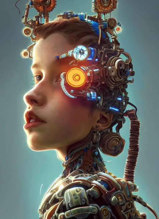 Prompt: portrait of a child, robot steampunk, floral! horizon zero dawn machine, intricate, elegant, highly detailed, ray tracing, digital painting, artstation, concept art, smooth, sharp focus, illustration, art by artgerm and greg rutkowski and alphonse mucha, 8 k